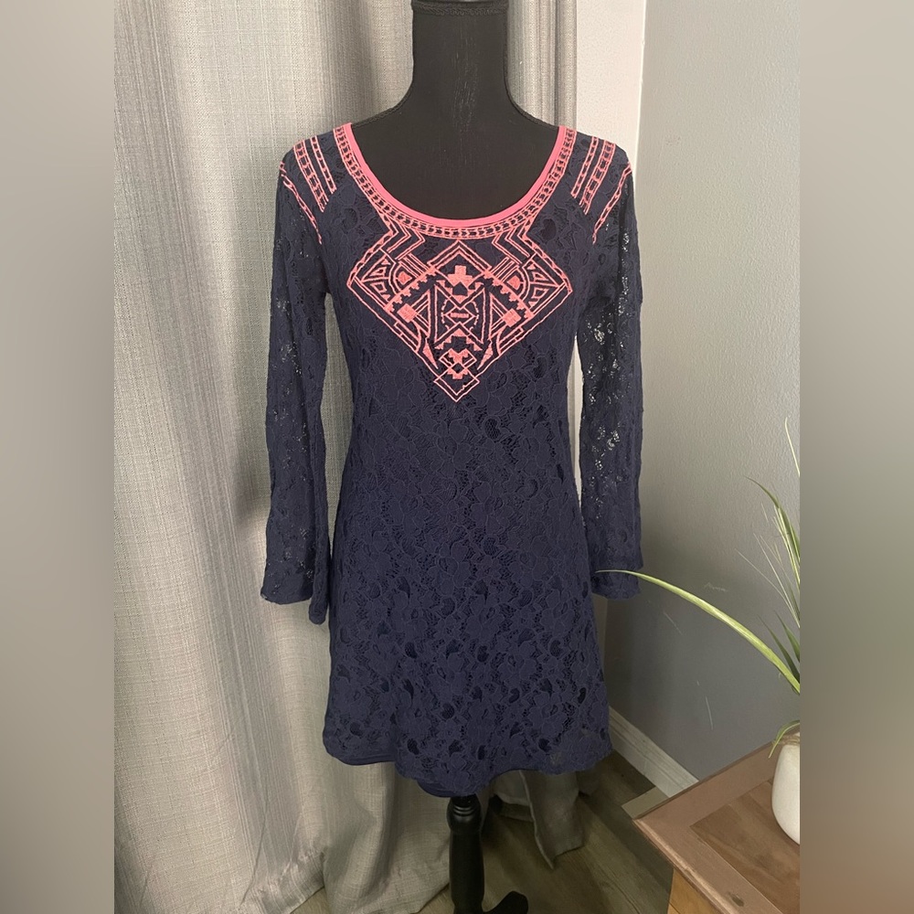 Womens Dress Size Small Blue Lace with Pink Trim - Long Lace Bell Sleeves Mini D